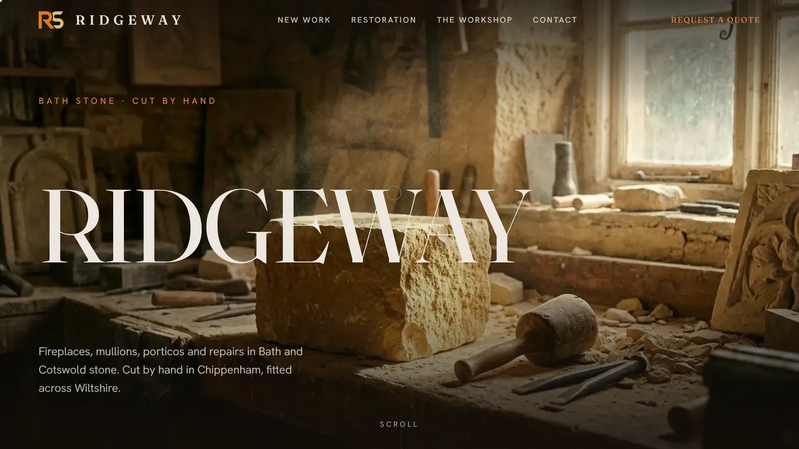 The Ridgeway Stone home page: a block of Bath stone on a banker mason's bench in a workshop, with the name set large across it.