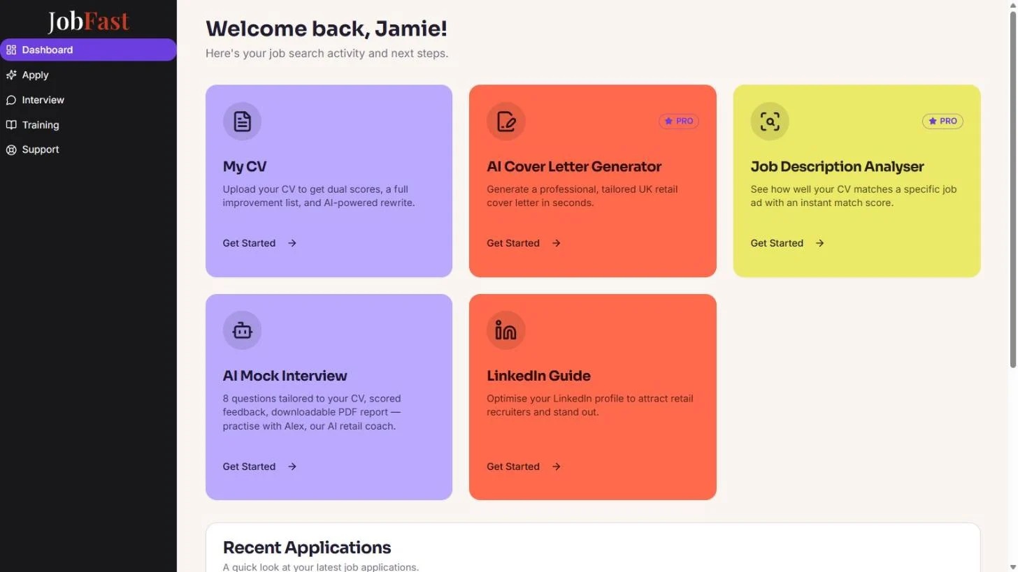 The JobFast dashboard: a welcome message above colour-blocked cards for My CV, an AI cover letter generator, a job description analyser, an AI mock interview and a LinkedIn guide, with a dark navigation sidebar down the left.