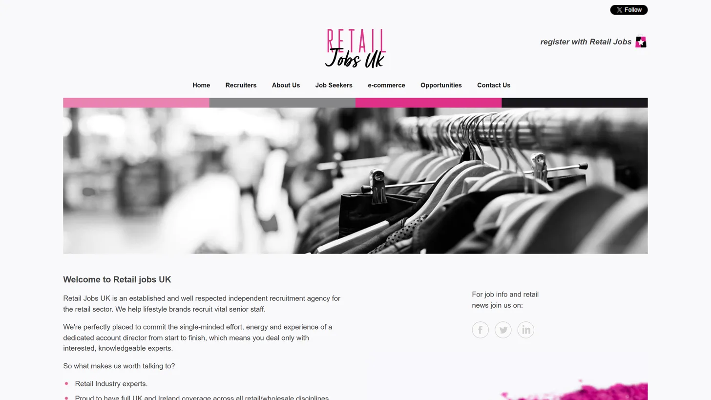 The old Retail Jobs UK home page: a centred logo above a row of plain text links, a black-and-white photo of clothes rails, and a welcome paragraph.