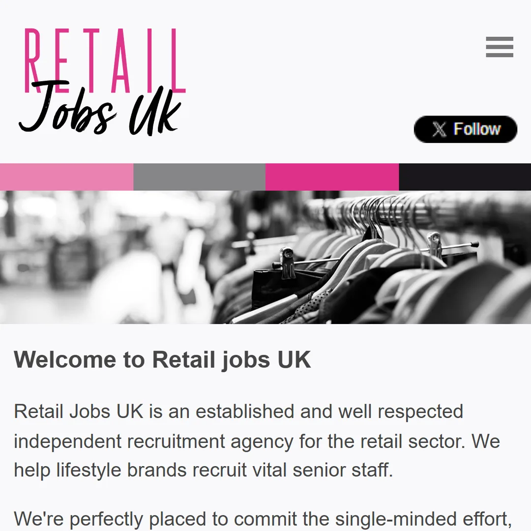 The old home page on a phone: the logo and a Follow on X button above a cropped photo of clothes rails and a welcome heading.