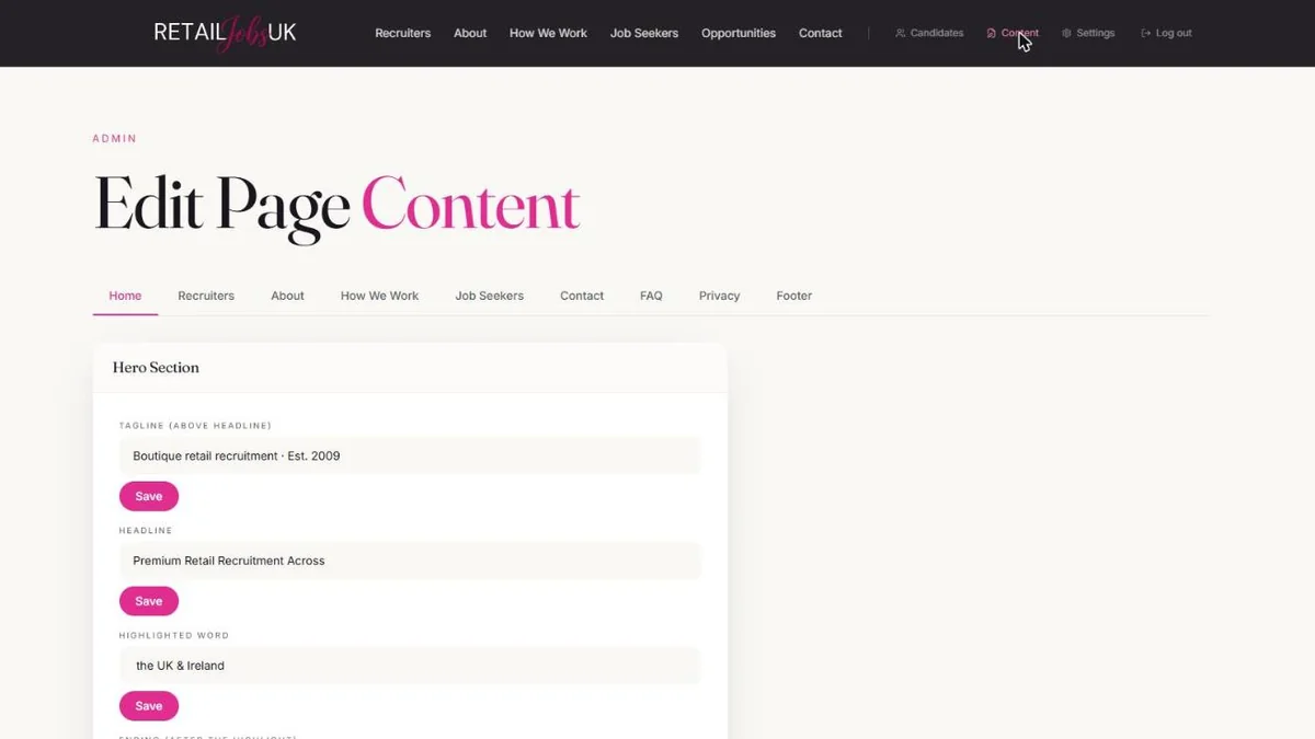 The Retail Jobs UK CMS content editor, showing the Home tab of the Edit Page Content screen with editable fields for the hero section's tagline, headline and highlighted word.