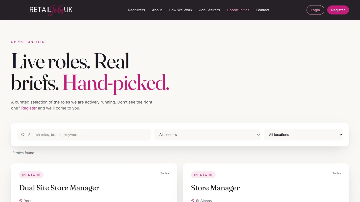 The new opportunities page: a search box with sector and location filters above cards for each role, starting with Dual Site Store Manager in York and Store Manager in St Albans.